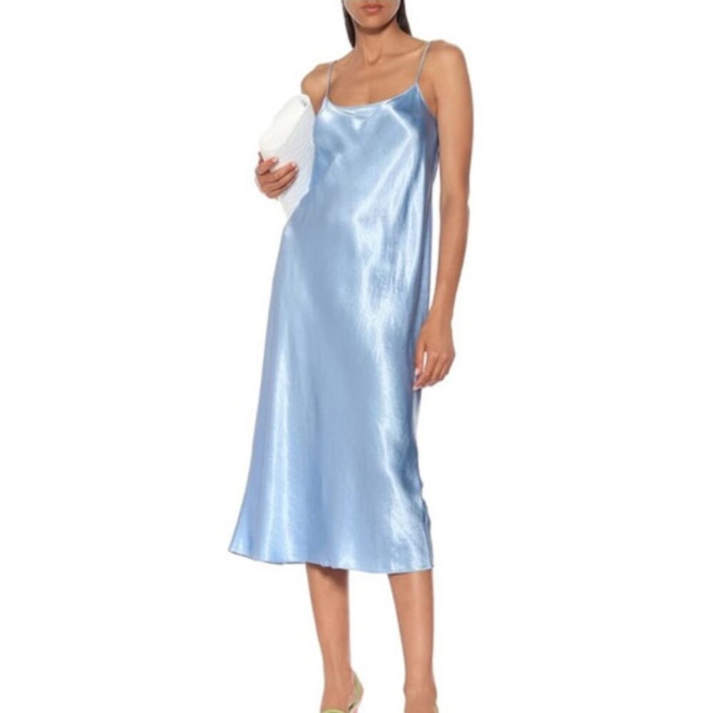 NWOT Vince Long Bias-Cut Crinkled Satin Slip Midi Dress M Light Blue Acetate
